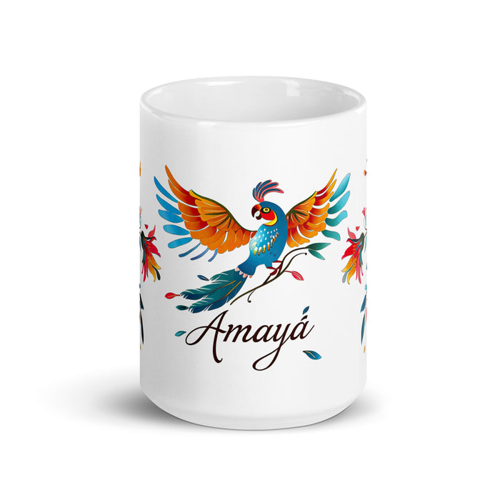 Tasse à café Amaya exclusive avec nom, tasse à café pour le travail à domicile, tasse cadeau de fierté espagnole mexicaine, tasse blanche brillante avec calligraphie unique en son genre | A24