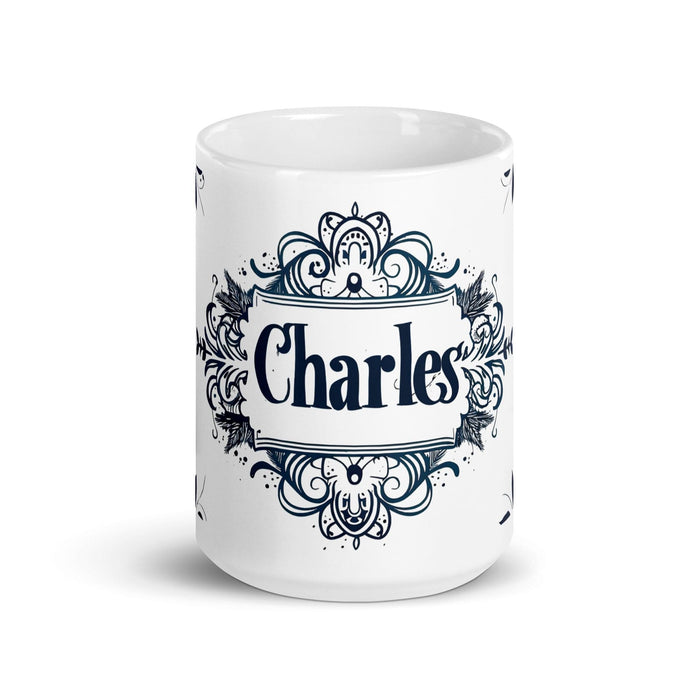 Taza de café exclusiva con nombre de Charles, obra de arte para el hogar, la oficina, el trabajo, regalo de orgullo mexicano español, taza blanca brillante con caligrafía única en su tipo | C15