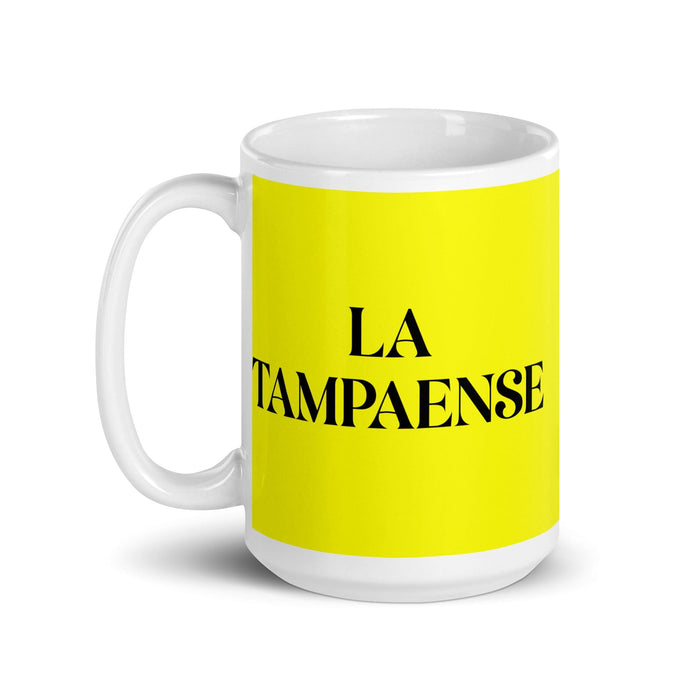 La Tampaense, der Tampa-Bewohner, lustige Kaffeetasse für Zuhause, Büro, Arbeit, mexikanisches spanisches Stolzgeschenk, weiße glänzende Tasse, gelbe Karte