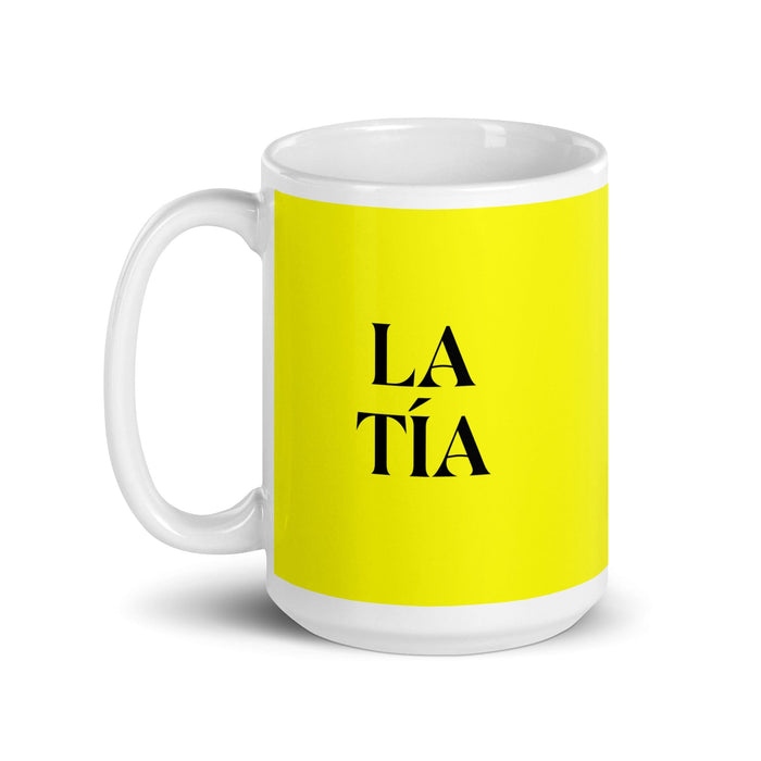 La Tía La Tía / El Tío Divertida Taza de Café para el Trabajo en la Oficina en Casa Regalo de Orgullo Español Mexicano Taza Blanca Brillante Taza de Tarjeta Amarilla