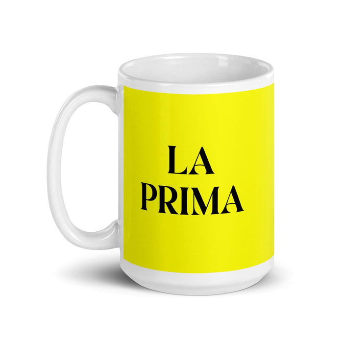 La Prima The Cousin (femmina) / The Cousin (maschio) Divertente tazza da caffè per casa, ufficio e lavoro, regalo di orgoglio spagnolo messicano, tazza bianca lucida, carta gialla