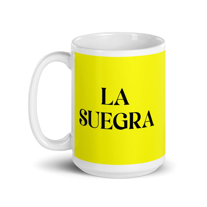 La Suegra, die Schwiegermutter/der Schwiegervater, lustige Kaffeetasse für Zuhause, Büro, Arbeit, mexikanisches spanisches Pride-Geschenk, weiße glänzende Tasse, gelbe Karte