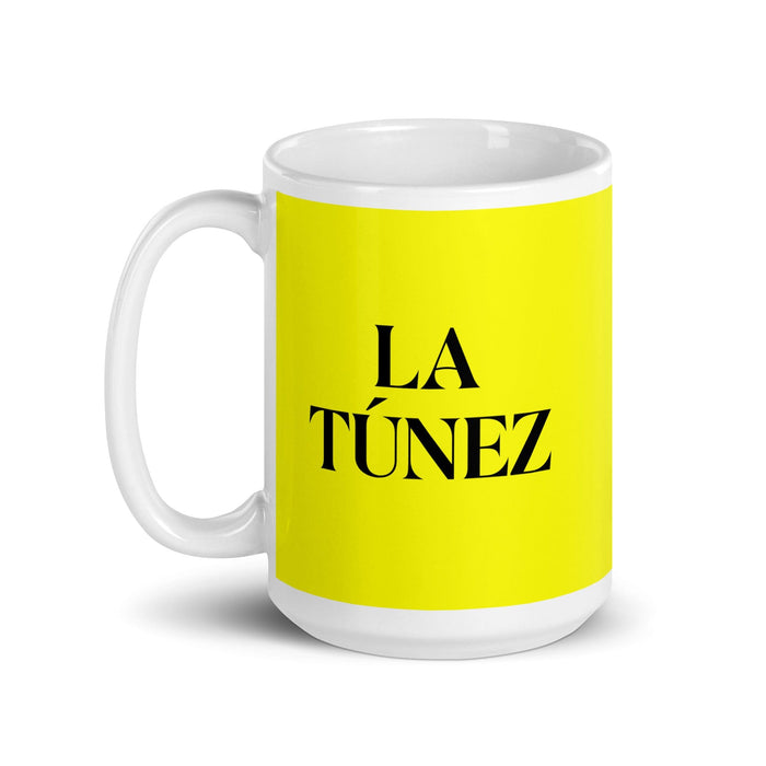 La Túnez La taza de café divertida para el trabajo en casa o en la oficina, regalo de orgullo mexicano español, taza blanca brillante, taza amarilla con tarjeta