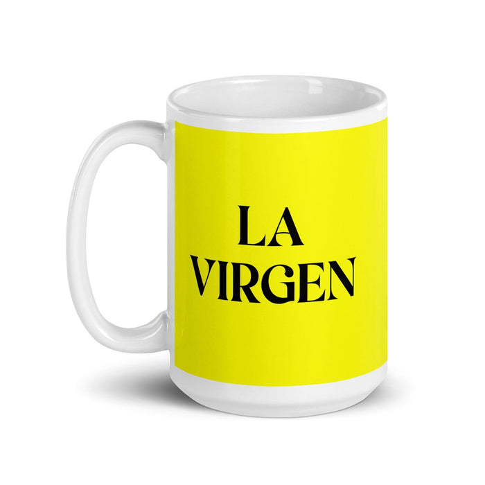 Lustige Kaffeetasse mit Aufschrift „La Virgen The Shocked One“, für Zuhause, Büro, Arbeit, mexikanisches spanisches Pride-Geschenk, weiße glänzende Tasse, gelbe Karte