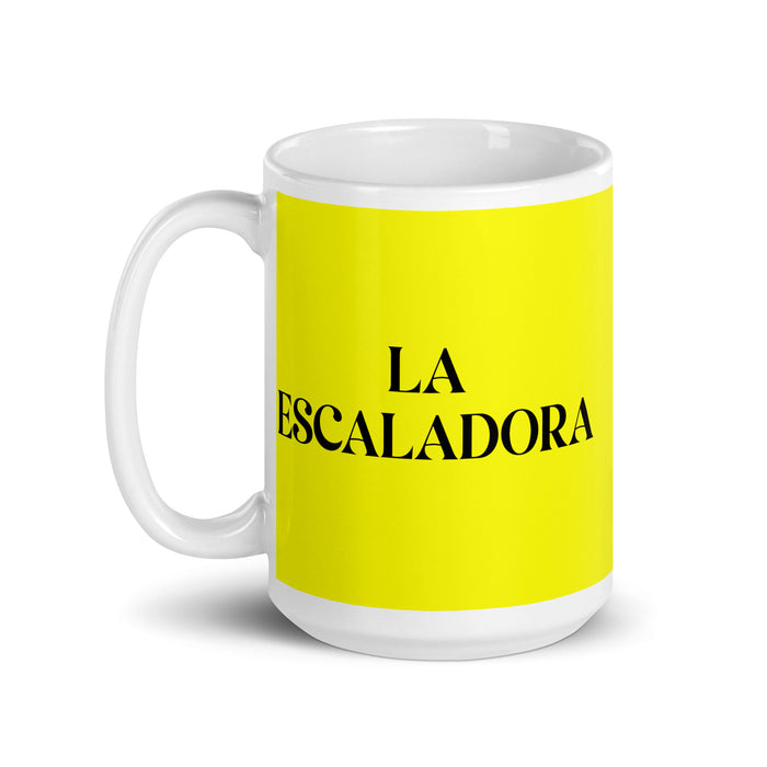 La Escaladora The Climber Funny Home Office Work Coffee Mug Mexican Spanish Pride Gift White Glossy Cup Yellow Card Mug