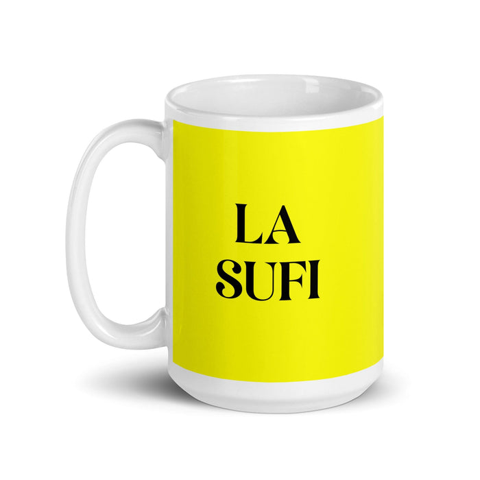 La Sufi, der Sufi, lustige Kaffeetasse für Zuhause, Büro, Arbeit, mexikanisches spanisches Pride-Geschenk, weiße glänzende Tasse, gelbe Karte