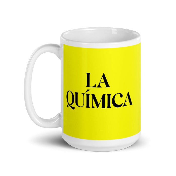 La Química The Chemist - Taza de café divertida para el trabajo en casa o en la oficina, regalo de orgullo mexicano español, taza blanca brillante, taza con tarjeta amarilla