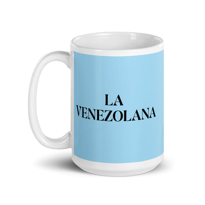 La Venezolana La Venezolana Divertida Taza de Café para el Hogar, Oficina, Trabajo, Orgullo Español Mexicano Regalo Taza Blanca Brillante Taza de Tarjeta Azul Cielo