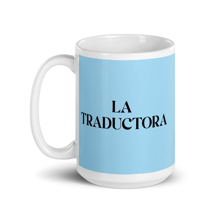 Lustige Kaffeetasse mit Aufschrift „La Traductora, die Übersetzerin“, für Zuhause, Büro, Arbeit, mexikanisches spanisches Pride-Geschenk, weiße, glänzende Tasse, himmelblaue Kartentasse