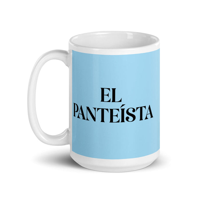 El Panteísta, der Pantheist, lustige Kaffeetasse für Zuhause, Büro, Arbeit, mexikanisches spanisches Pride-Geschenk, weiße glänzende Tasse, himmelblaue Kartentasse