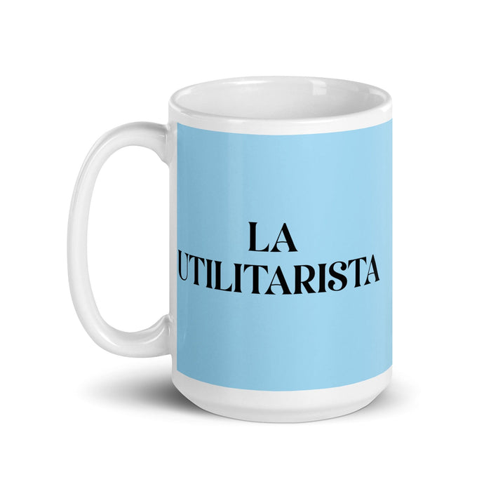 La Utilitarista Taza de café divertida para el hogar, la oficina y el trabajo, regalo de orgullo mexicano y español, taza blanca brillante, taza azul cielo con tarjeta