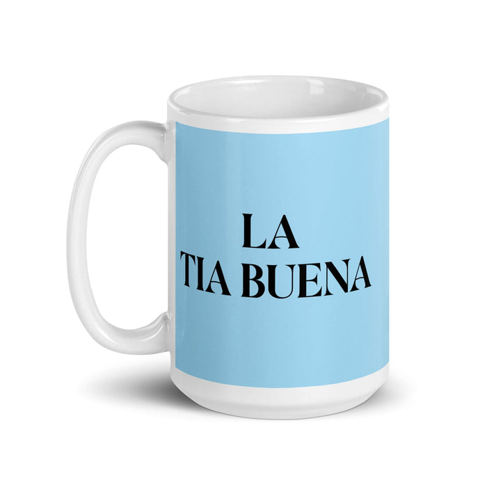 La tía buena, la buena tía/tío, divertida taza de café para el hogar, la oficina, el trabajo, el orgullo mexicano, regalo, taza blanca brillante, taza con tarjeta azul cielo