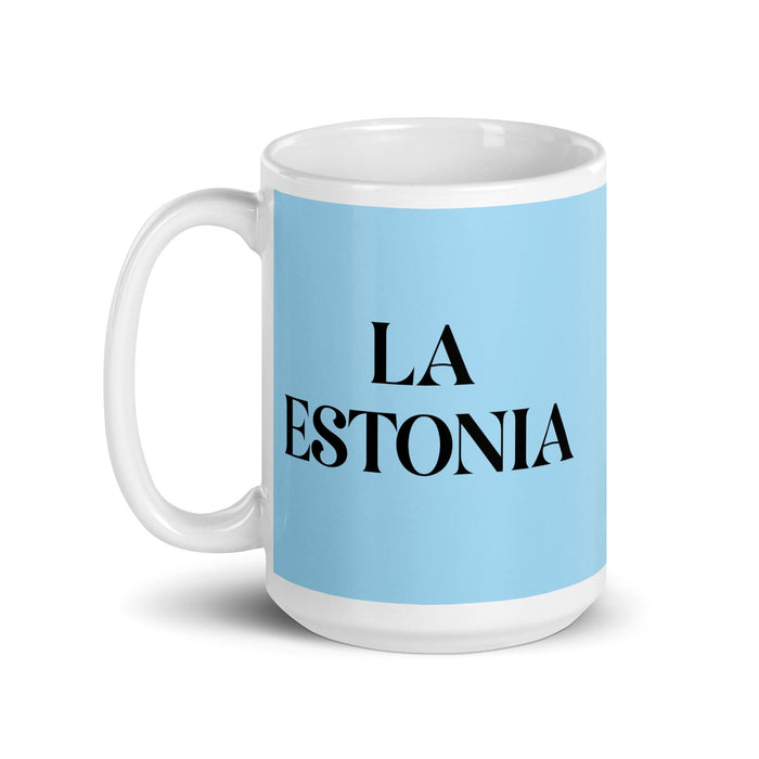 La Estonia, die estnische, lustige Kaffeetasse für Zuhause, Büro, Arbeit, mexikanisches spanisches Stolzgeschenk, weiße glänzende Tasse, himmelblaue Kartentasse