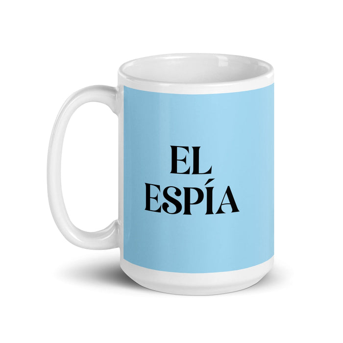 Tasse à café amusante El Espía The Spy pour la maison ou le bureau, cadeau de fierté mexicaine espagnole, tasse blanche brillante, tasse en carte bleu ciel