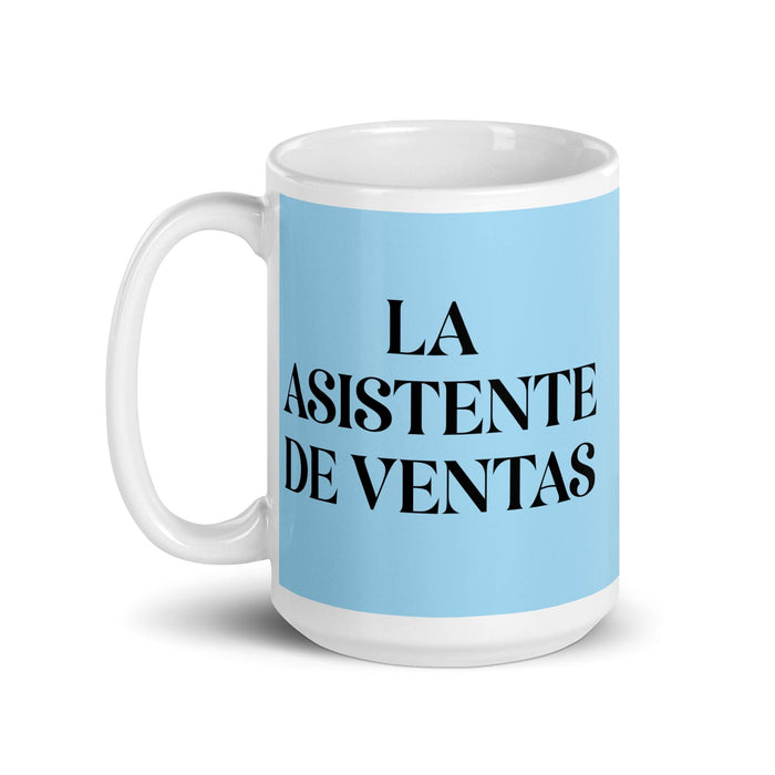 La Asistente De Ventas, der Verkaufsassistent, lustige Kaffeetasse für Zuhause, Büro, Arbeit, mexikanisches spanisches Pride-Geschenk, weiße glänzende Tasse, himmelblaue Kartentasse