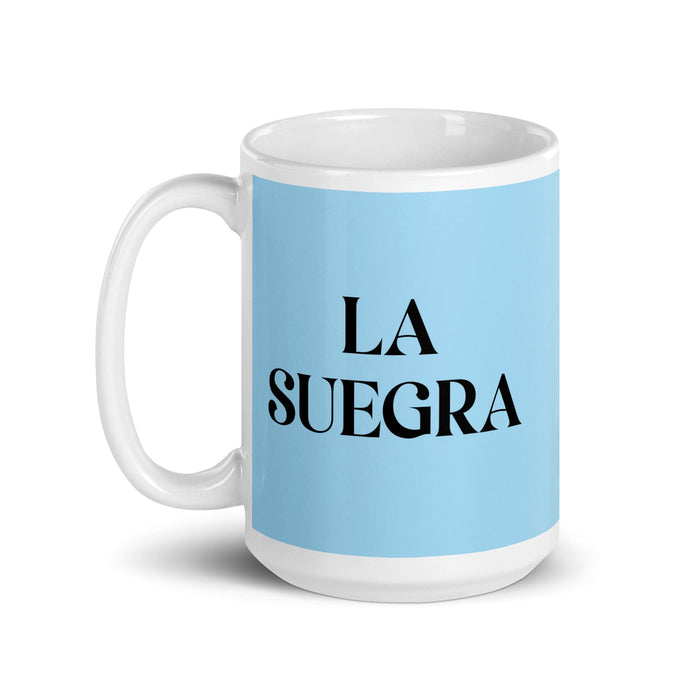 La Suegra La Suegra / El Suegro Divertida Taza de Café para el Trabajo en la Oficina en Casa Regalo de Orgullo Español Mexicano Taza Blanca Brillante Taza de Tarjeta Azul Cielo