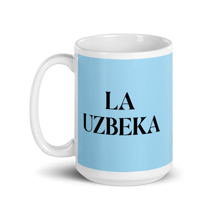 La Uzbeka, die usbekische lustige Kaffeetasse für Zuhause, Büro, Arbeit, mexikanisches spanisches Stolzgeschenk, weiße glänzende Tasse, himmelblaue Kartentasse