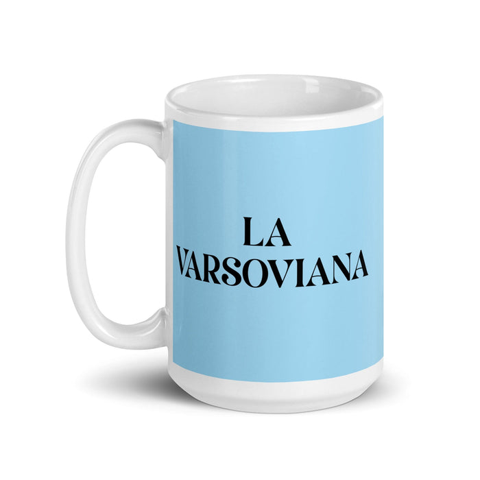 La Varsoviana The Warsaw Resident - Taza de café divertida para el hogar, la oficina y el trabajo, regalo de orgullo mexicano y español, taza blanca brillante, taza con tarjeta azul cielo