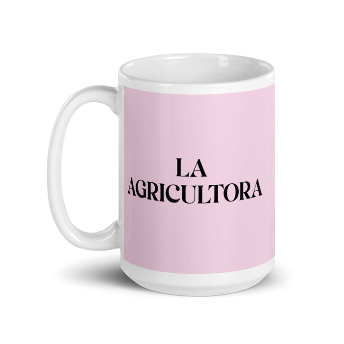 Lustige Kaffeetasse „La Agricultora, der Bauer“, für Zuhause, Büro, Arbeit, mexikanisches spanisches Stolzgeschenk, weiße glänzende Tasse, hellrosa Kartentasse