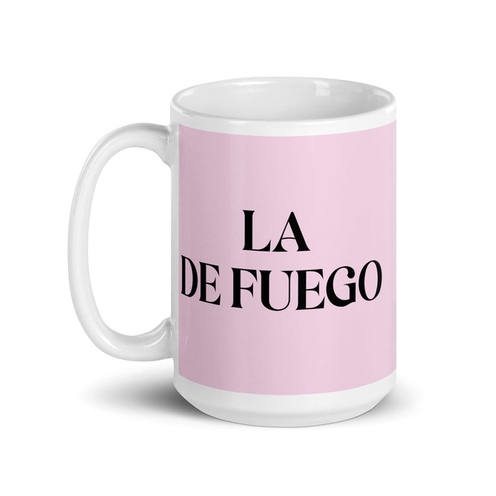 La De Fuego Das Feuerzeichen Lustige Kaffeetasse für Zuhause, Büro, Arbeit, mexikanisches spanisches Pride-Geschenk, weiße glänzende Tasse, hellrosa Kartentasse