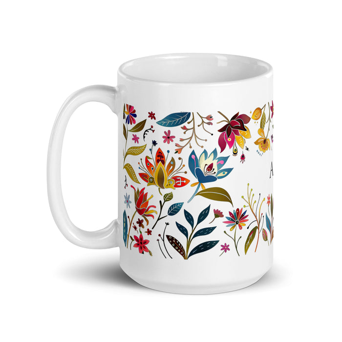 Tasse à café exclusive avec nom d'Alexis, tasse à café pour le travail à domicile, la fierté mexicaine et espagnole, tasse cadeau, calligraphie unique, tasse blanche brillante | A2