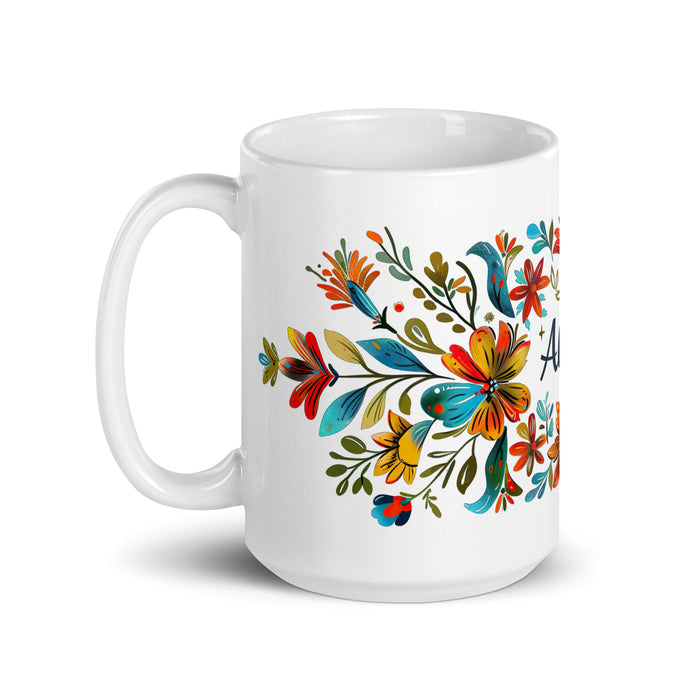 Taza de café exclusiva con nombre de Alicia, para el hogar, la oficina, el trabajo, regalo de orgullo mexicano y español, taza blanca brillante con caligrafía única en su tipo | A12