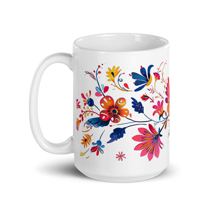 Taza de café exclusiva con nombre de Amalia, obra de arte para el hogar, la oficina, el trabajo, regalo de orgullo mexicano y español, taza blanca brillante con caligrafía única en su tipo | A11