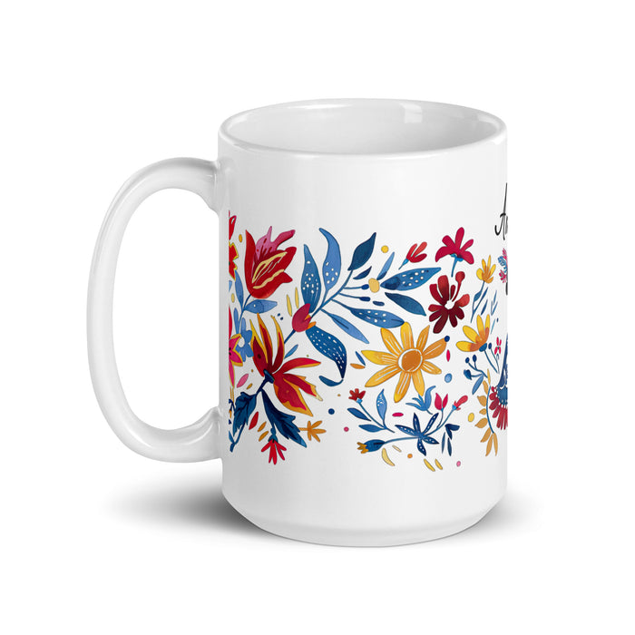 Tasse à café exclusive Amalia avec nom, pour la maison, le bureau, le travail, la fierté mexicaine et espagnole, cadeau unique en son genre, calligraphie, blanc brillant | A18