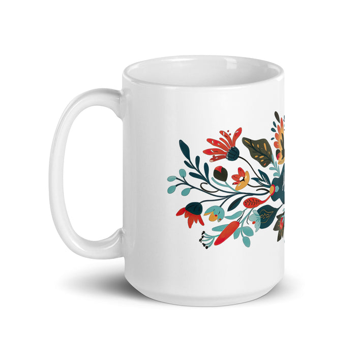 Tasse à café exclusive Amalia avec nom, pour la maison, le bureau, le travail, la fierté mexicaine et espagnole, cadeau unique en son genre, calligraphie, blanche et brillante | A24