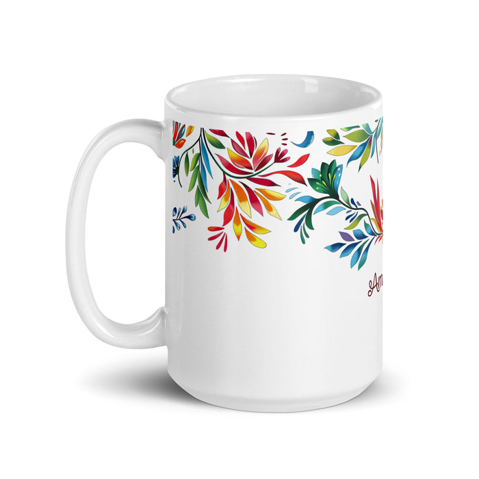 Tasse à café exclusive Amanda avec nom, pour la maison, le bureau, le travail, la fierté mexicaine et espagnole, cadeau unique en son genre, calligraphie, blanc brillant | A4