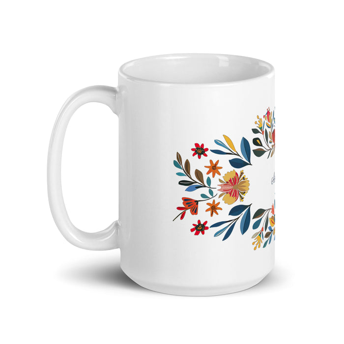 Tasse à café exclusive Amanda avec nom, pour la maison, le bureau, le travail, la fierté mexicaine et espagnole, cadeau unique en son genre, calligraphie, blanc brillant | A18