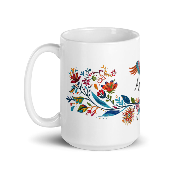 Taza de café exclusiva con nombre de Ángela, obra de arte para el hogar, la oficina, el trabajo, regalo de orgullo mexicano español, taza blanca brillante con caligrafía única en su tipo | Á9