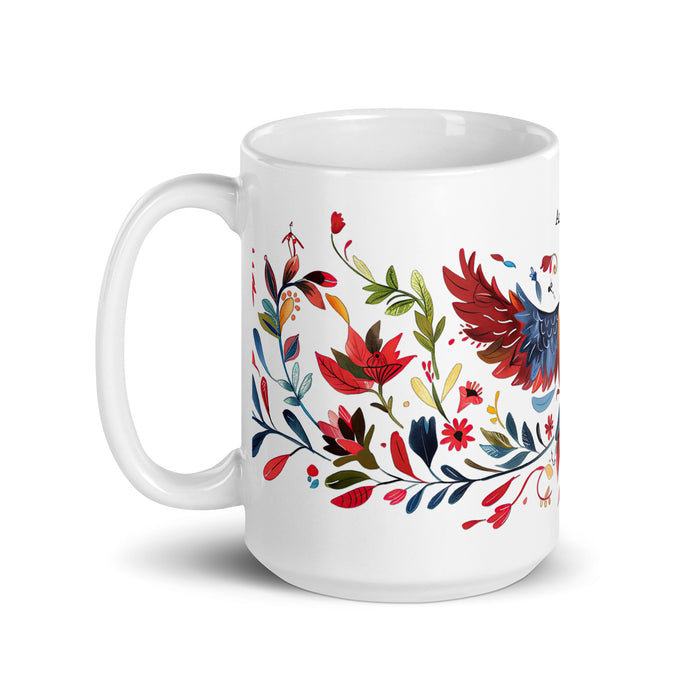 Tasse à café exclusive avec nom d'Angélica, tasse à café pour le travail à domicile, la fierté mexicaine et espagnole, tasse cadeau, calligraphie unique, tasse blanche brillante | A5