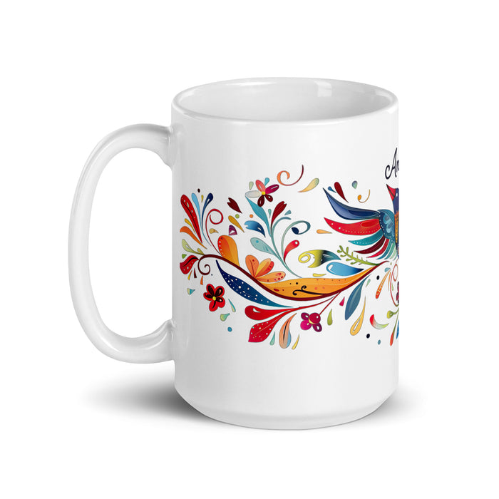 Taza de café exclusiva con nombre de Angelina, obra de arte para el hogar, la oficina, el trabajo, regalo de orgullo mexicano y español, taza blanca brillante con caligrafía única en su tipo | A1