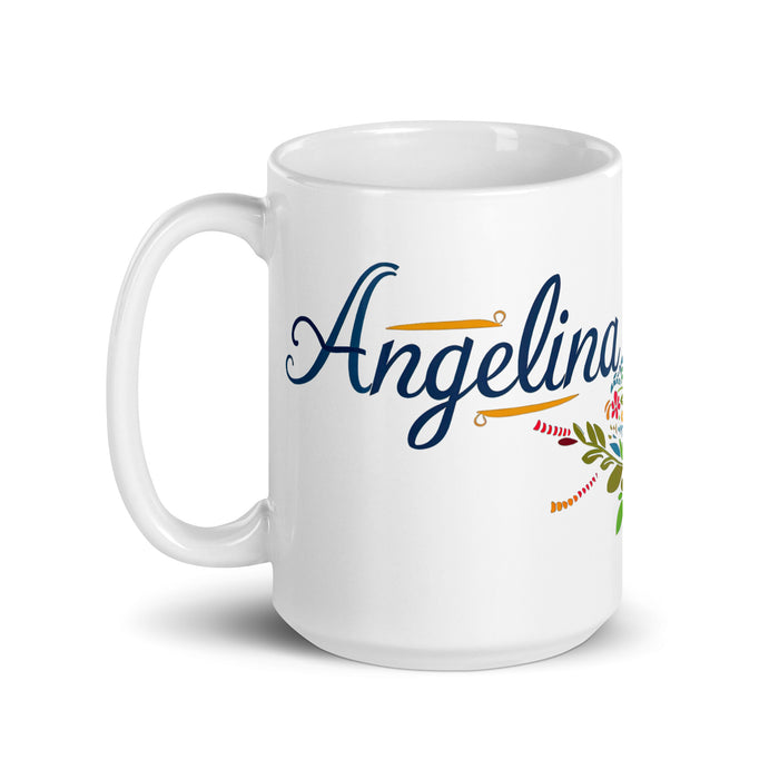 Angelina Exclusive Name Art Piece Home Office Lavoro Tazza da caffè Tazza regalo orgoglio spagnolo messicano Tazza unica nel suo genere Calligrafia Tazza bianca lucida | A4