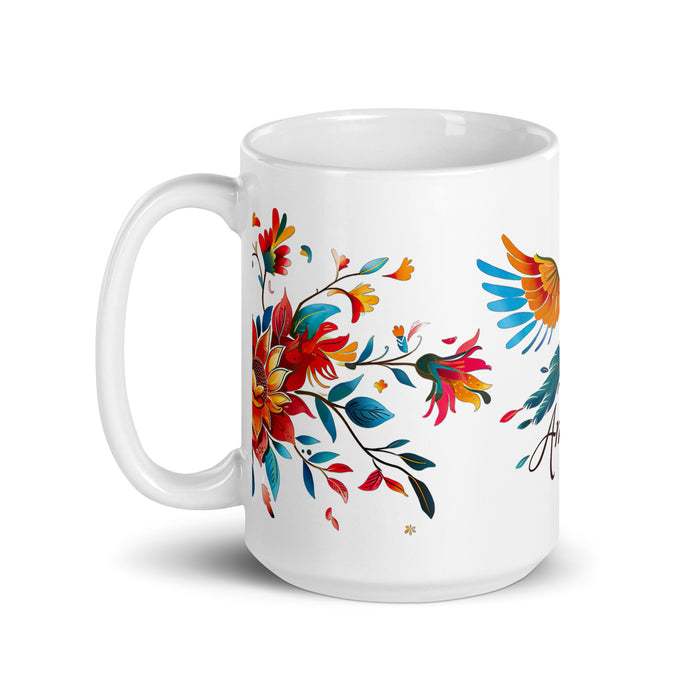 Tasse à café Amaya exclusive avec nom, tasse à café pour le travail à domicile, tasse cadeau de fierté espagnole mexicaine, tasse blanche brillante avec calligraphie unique en son genre | A24