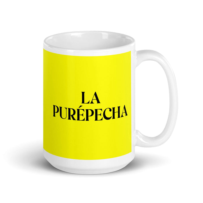 La Purépecha The Purépecha Lustige Kaffeetasse für Zuhause, Büro, Arbeit, mexikanisches spanisches Stolzgeschenk, weiße glänzende Tasse, gelbe Karte