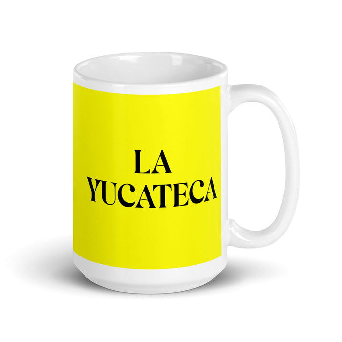 La Yucateca Il residente dello Yucatán Divertente casa ufficio lavoro tazza da caffè orgoglio messicano spagnolo regalo tazza bianca lucida tazza di carta gialla