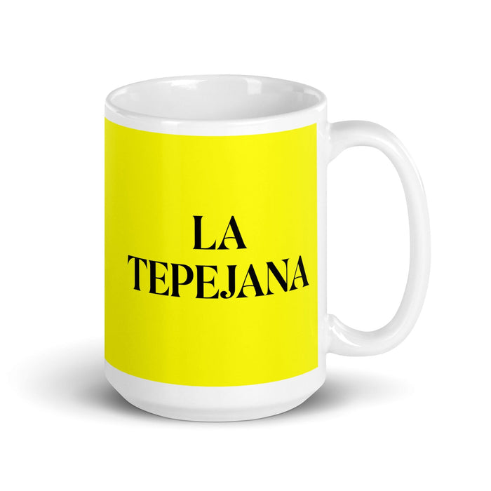 La Tepejana La residente de Tepeji Divertida taza de café para el trabajo en casa o la oficina Regalo de orgullo mexicano español Taza blanca brillante Taza de tarjeta amarilla