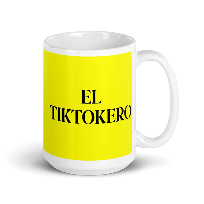 La Tiktokera, der Tiktoker, lustige Kaffeetasse für Zuhause, Büro, Arbeit, mexikanisches spanisches Pride-Geschenk, weiße glänzende Tasse, gelbe Karte