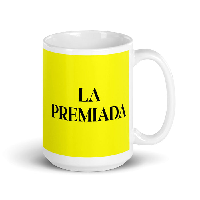 La Premiada La tasse à café amusante pour le travail à domicile et au bureau, lauréate du prix, cadeau de fierté mexicaine espagnole, tasse blanche brillante, tasse en carte jaune