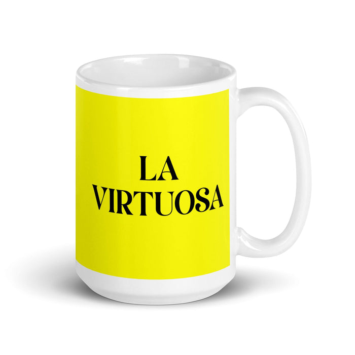 La Virtuosa La Virtuosa Taza de café divertida para el trabajo en casa o en la oficina Regalo de orgullo mexicano español Taza blanca brillante Taza de tarjeta amarilla