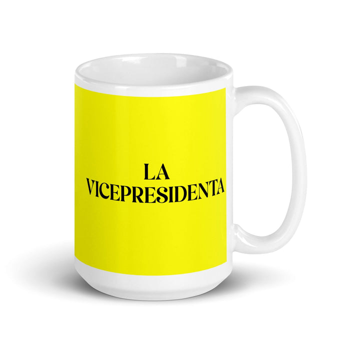 La Vicepresidenta Der Vizepräsident Lustige Kaffeetasse für Zuhause, Büro, Arbeit, mexikanisches spanisches Stolzgeschenk, weiße glänzende Tasse, gelbe Karte