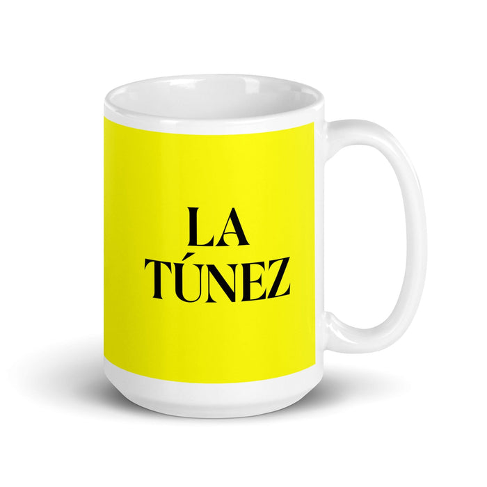 La Túnez La taza de café divertida para el trabajo en casa o en la oficina, regalo de orgullo mexicano español, taza blanca brillante, taza amarilla con tarjeta