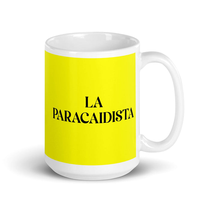 La Paracaidista The Skydiver Funny Home Office Work Coffee Mug Mexican Spanish Pride Gift White Glossy Cup Yellow Card Mug