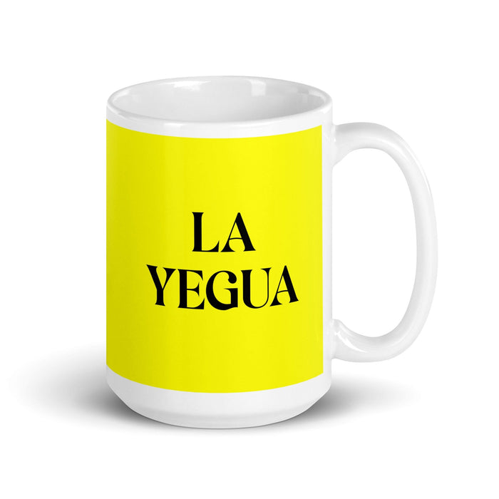 La Yegua, das Pferd, lustige Kaffeetasse für Zuhause, Büro, Arbeit, mexikanisches spanisches Stolzgeschenk, weiße glänzende Tasse, gelbe Karte