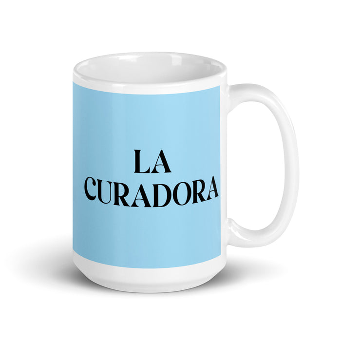 La Curadora The Curator Funny Home Office Work Coffee Mug Mexican Spanish Pride Gift White Glossy Cup Sky Blue Card Mug