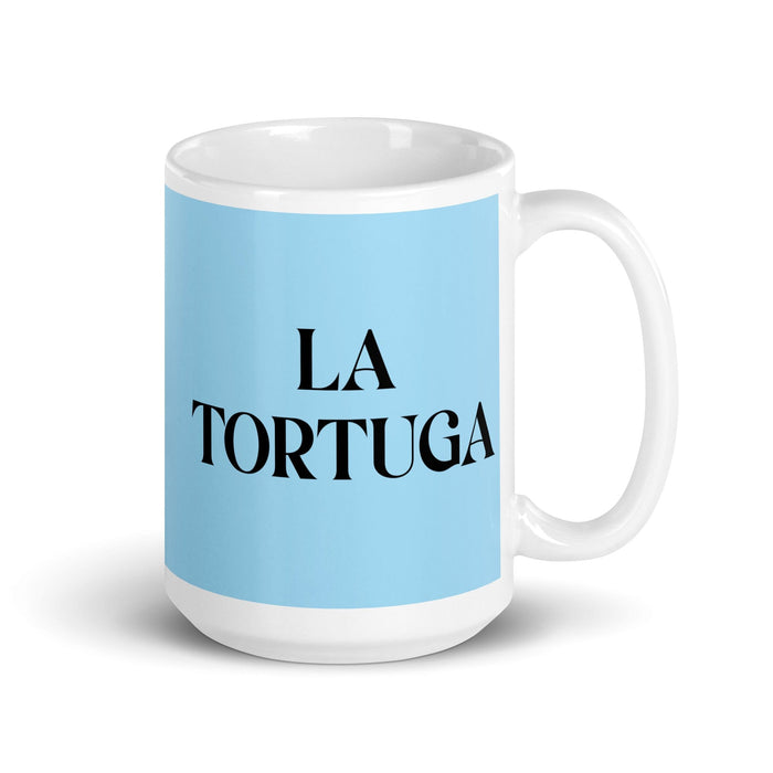 La Tortuga, die Schildkröte, lustige Kaffeetasse für Zuhause, Büro, Arbeit, mexikanisches spanisches Stolzgeschenk, weiße glänzende Tasse, himmelblaue Kartentasse