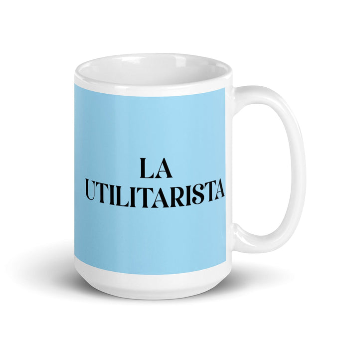 La Utilitarista, die Utilitaristin, lustige Kaffeetasse für Zuhause, Büro, Arbeit, mexikanisches spanisches Pride-Geschenk, weiße glänzende Tasse, himmelblaue Kartentasse