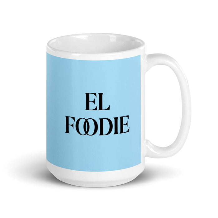 Lustige Kaffeetasse „El Foodie The Foodie“ für Zuhause, Büro, Arbeit, mexikanisches spanisches Pride-Geschenk, weiße glänzende Tasse, himmelblaue Kartentasse